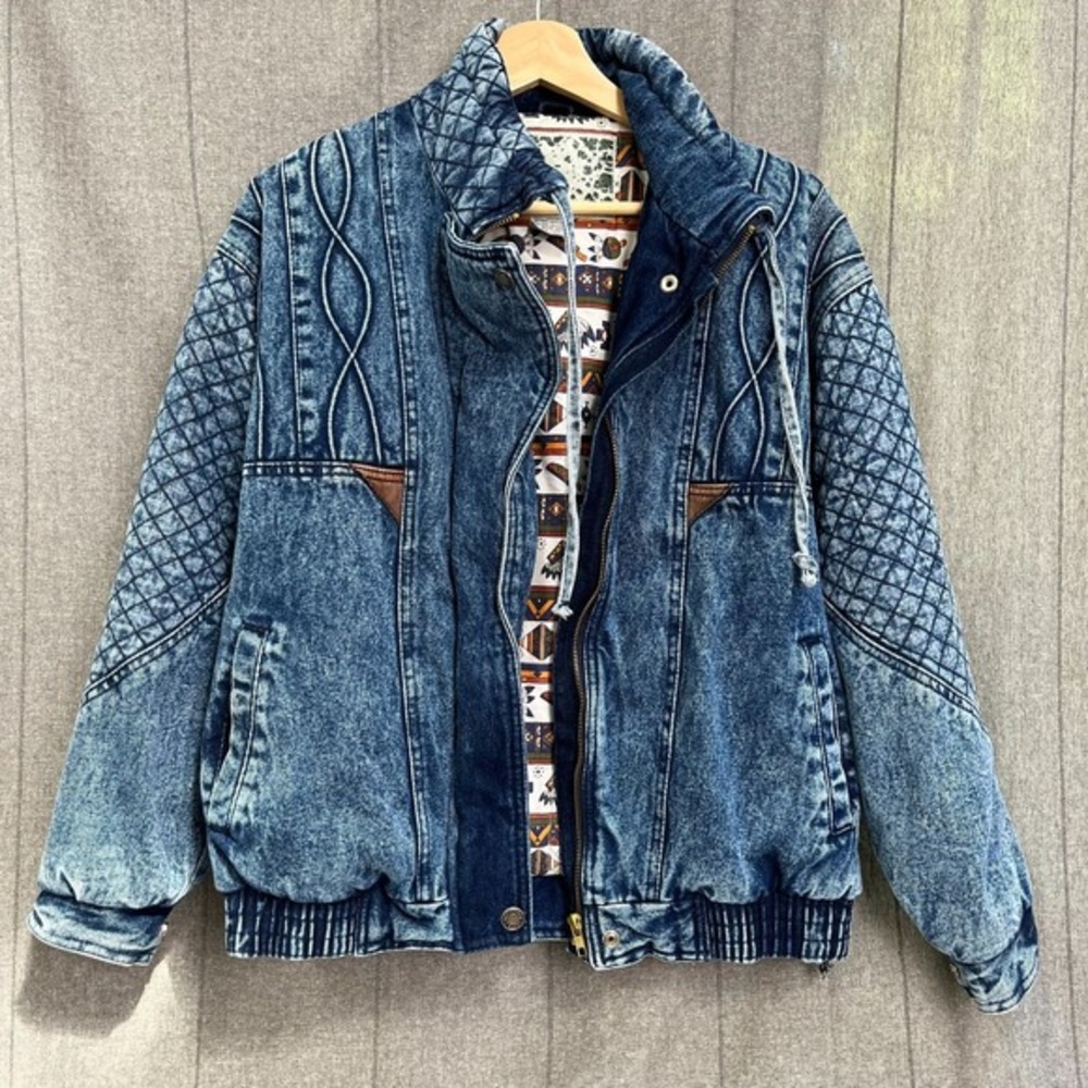 Vintage Ruth Douglas Denim Jean Jacket Faded 80's Aztec Lined Quilted Size Small